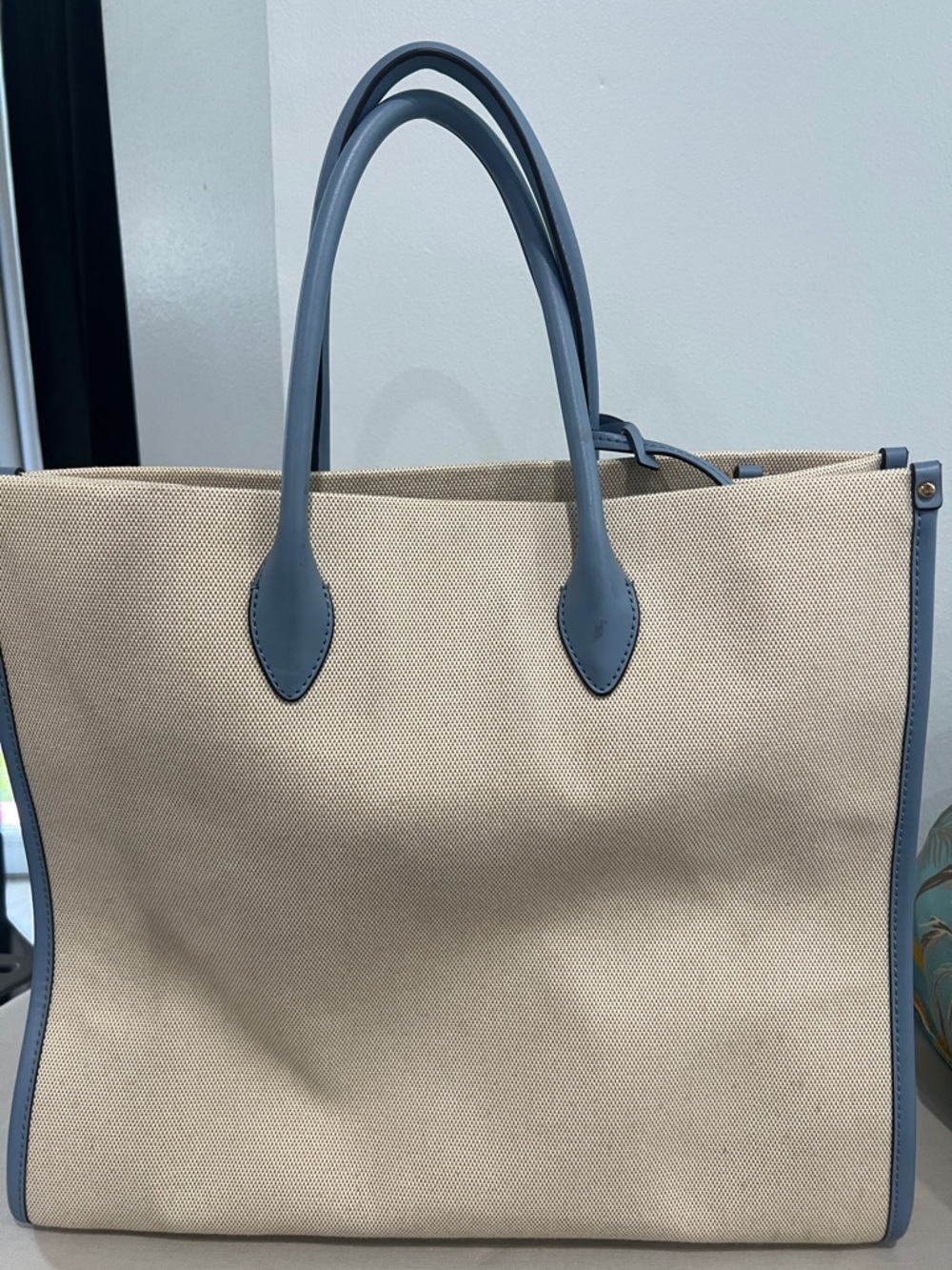 Michael Kors Beige Canvas Tote with Blue Trim and Logo - Picture 3 of 8